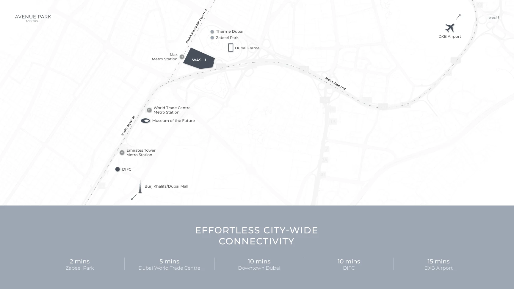 Developer location map for Wasl 1 showing Zabeel Park, Max Metro Station, Dubai World Trade Centre, DIFC and Downtown Dubai